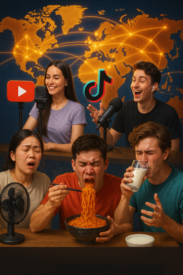 People reacting to spicy Buldak ramen while filming content for YouTube and TikTok – Practice 1-2 case study