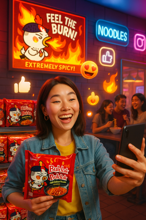 Young woman taking a selfie with Buldak ramen in a vibrant, spicy-themed setting – global cultural appeal of extreme flavor